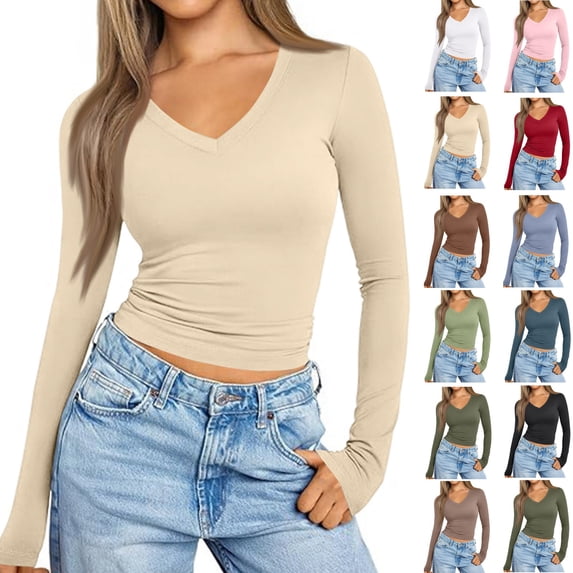 Kamentoy Womens Long Sleeve Ribbed V Neck Knit Shirts | Soft Stretch Slim Fitted Lightweight Basic Tees, Y2K Going Out Tops, Winter Layering Clothes