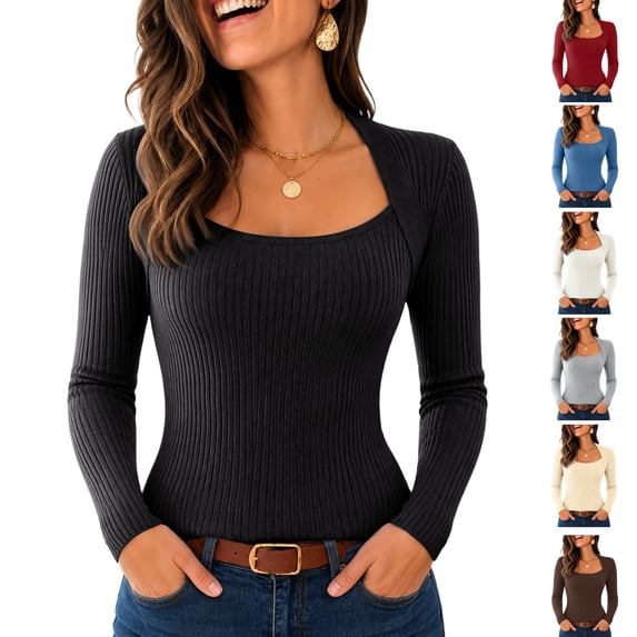 Kamentoy Womens Ribbed Long Sleeve Shirts Y2K Square Neck Slim Fit Tee Top | Casual Ribbed Knit Slim Fit Tops Fall Basic Business Work Tee