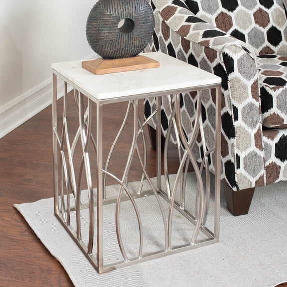 Kameral's Marble End Table Boasting a White Marble Top and Natural Gray Veins, Along with a Polished Stainless Steel Base