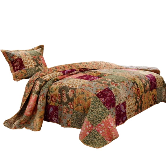 Kamet 2 Piece Fabric Twin Size Bedspread Set with Floral Prints, Multicolor- Saltoro Sherpi