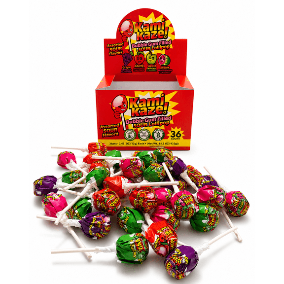 Kamikaze Lightly Sour Bubble Gum Filled Lollipops, No Artificial Dyes, 4 flavors, 36 Count, 1lb