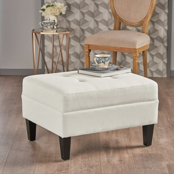 Noble House Kamil Elegant Fabric Ottoman, Plush Cushion, Durable Birch Wood Legs, Cushioned Top for Comfort, Ivory
