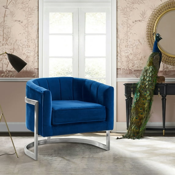 Kamila Accent Chair in Blue Velvet and Brushed Stainless Steel Finish