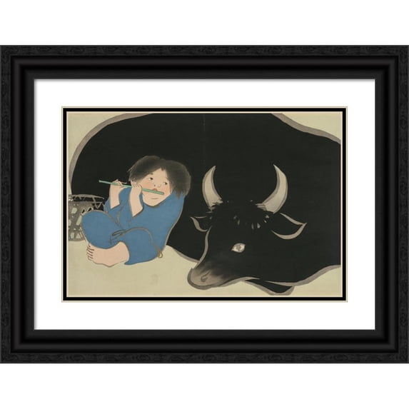 Kamisaka Sekka 14x11 Black Ornate Wood Framed Double Matted Museum Art Print Titled: Oxherd (Bokudo) (1909-1910)