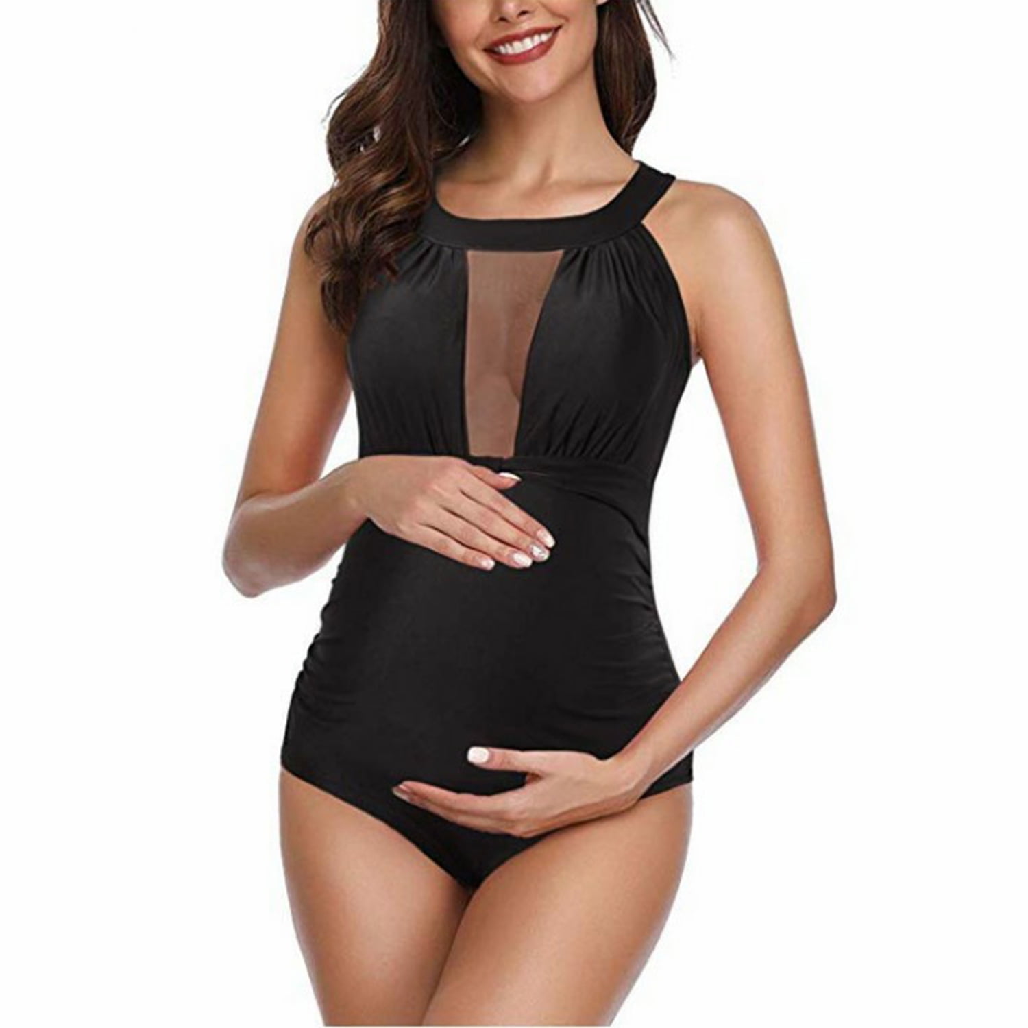 One Piece Swimsuits For Women With Skirt High Neck Plunge Mesh
