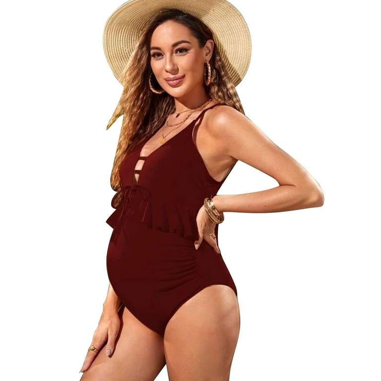 Kamo Women's Maternity Tummy Control Swimsuit Ruffled One Piece Bathing  Suit V Neck Pure Colour Swimwear