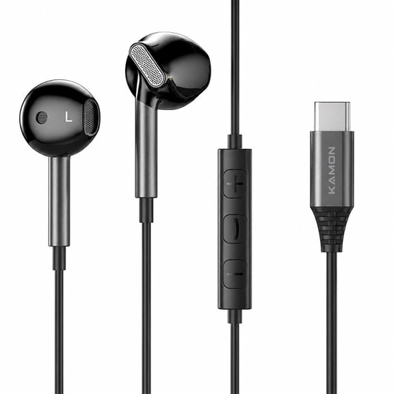 Kamon USB C DAC Earbuds with Mic, 14.2mm Dynamic Driver, Wired Headphones with 3-Button Volume Control, Semi in-Ear for iPhone 17/16/15, Samsung Galaxy, Pixel, iPad