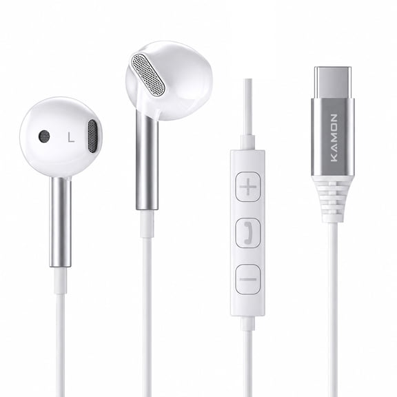 Kamon USB C DAC Earbuds with Mic, 14.2mm Dynamic Driver, Wired Headphones with 3-Button Volume Control, Semi in-Ear for iPhone 17/16/15, Samsung Galaxy, Pixel, iPad