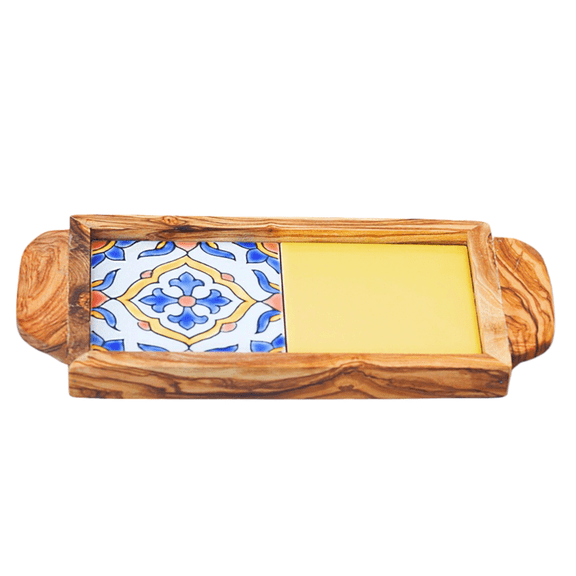 Kamsah Olive Wood Serving Tray with Ceramic Tile for Tea & Coffee Service, Alhambra