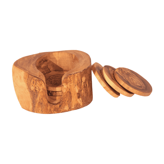 Kamsah Rustic Olive Wood Coasters with Holder, Set of 6