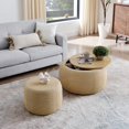 thumbnail image 1 of Kamsly 2-Piece Set Round Storage-Ottoman with Wood Tray and Stool Set, Storage Coffee Table w/Movable Lid & Drum Footstool, Dia 25" Padded End Side-Table with Ottoman for Living Bedroom, Natural, 1 of 11