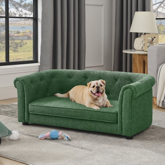 Kamsly 38" Classic Pets Sofa Bed for X-Large Dogs, Cozy & Breathable Padded Dog Sofa-Couch w/ Button Tufted&Arc Backrest, Elevated Comfy Sofa Dog Beds, Stylish Pet Lounging Bed Chair, Green