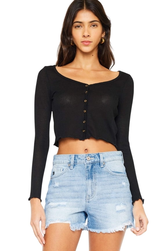 Kan Can Women's High Waist Frayed Denim Shorts - KC9206M