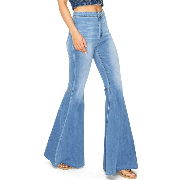 Kan Can Womens Juniors High Rise Sleek Stretchy Denim Flares (Medium Denim, 1)