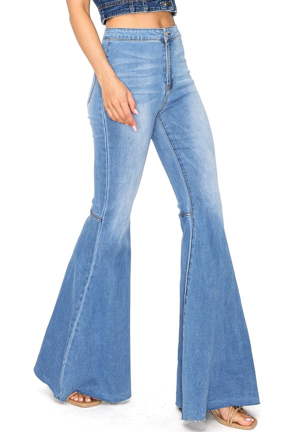 Kan Can Womens Juniors High Rise Sleek Stretchy Denim Flares (Medium Denim, 1)