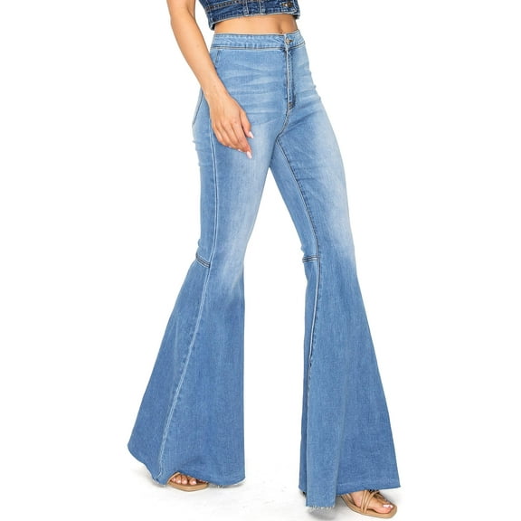 Kan Can Womens Juniors High Rise Sleek Stretchy Denim Flares (Medium Denim, 3)