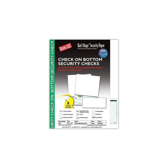 Kan't Kopy Blank/USA 8 1/2" x 11" 60 lbs. Security Check on Bottom Paper Void Green 250/Pack