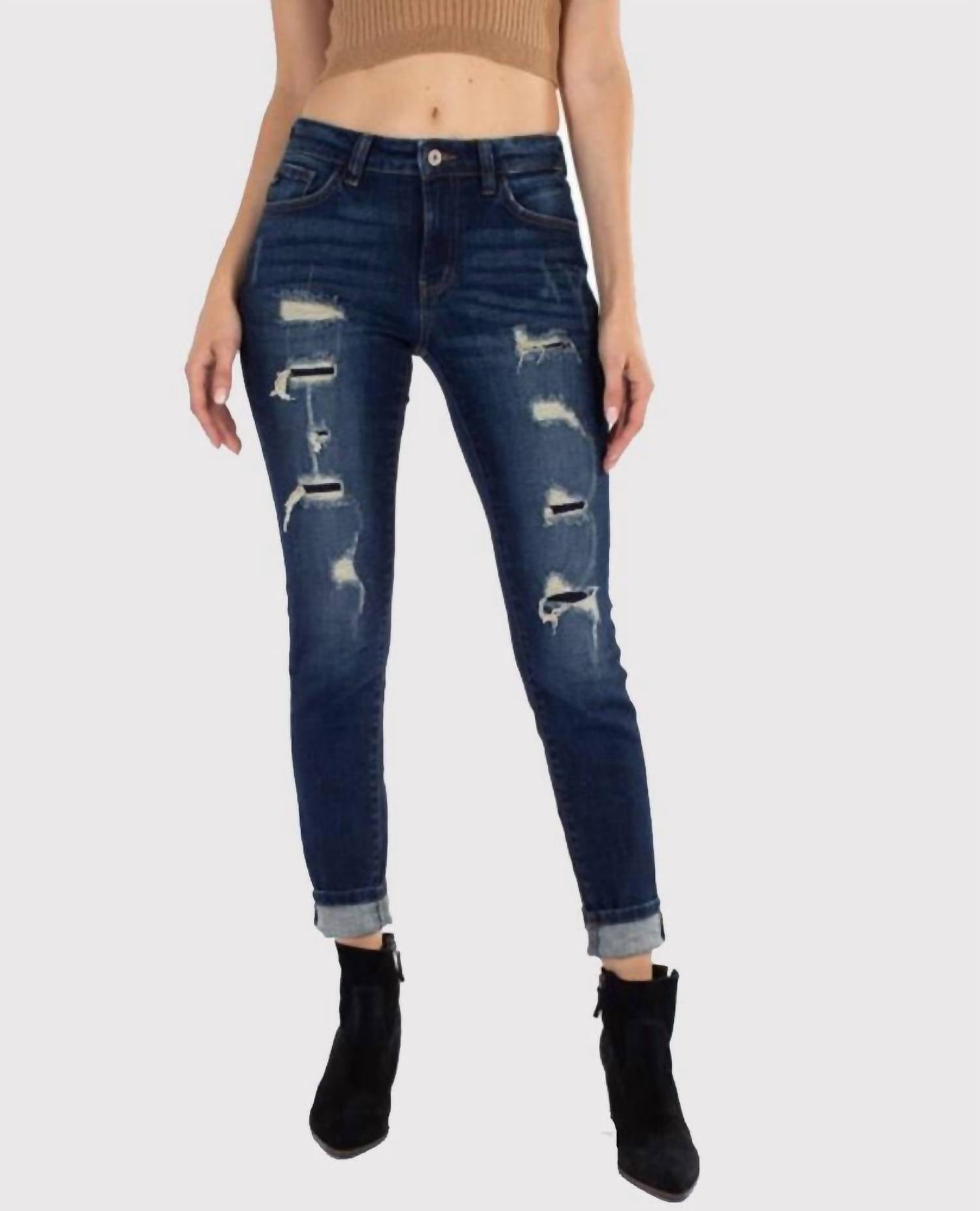 Kancan Mid-Rise Fringe Ankle Skinny Jeans - Distressed Denim With Frayed Hem