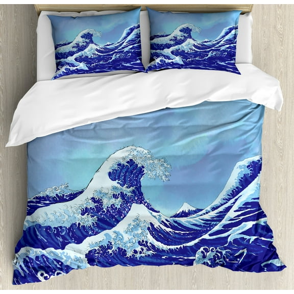 Kanagawa Duvet Cover Set Queen Size, Big Tsunami in the Ocean Blue Sky Japanese Nature Great Sea Waves Art, Decorative 3 Piece Bedding Set with 2 Pillow Shams, Pale Blue Royal Blue, by Ambesonne