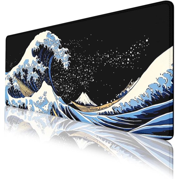 Kanagawa Gaming Mouse Pad Japanese Mount Fuji Ocean Wave Large Desk Mat with Stitched Edges,Non-Slip Waterproof Rubber Base Mouse Mat 31.5 x 11.8 Mouse Pads for Desk Home Office Gaming
