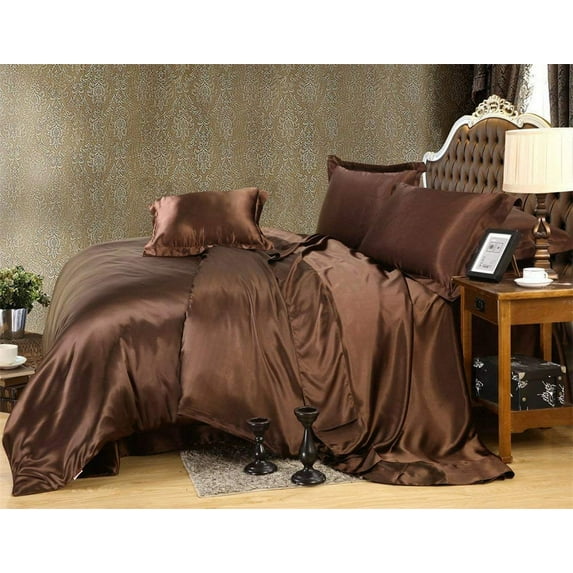 Kanak Bedding 100% Pure Silky Satin 4-Piece Bed Fitted with Duvet Set- Comforter Cover, Two Pillowcases Full Size, Chocolate