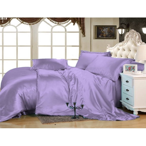 Kanak Bedding 100% Pure Silky Satin 4-Piece Bed Fitted with Duvet Set- Comforter Cover, Two Pillowcases Full Size, Lilac