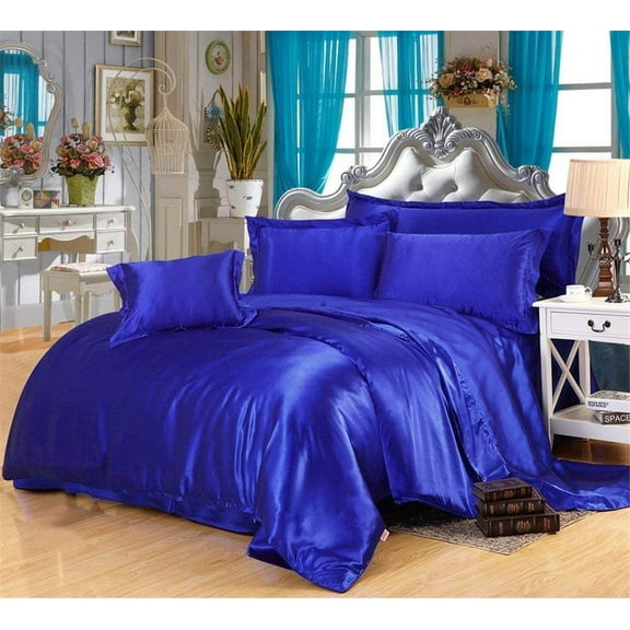 Kanak Bedding 100% Pure Silky Satin 4-Piece Bed Fitted with Duvet Set- Comforter Cover, Two Pillowcases Twin XL Size, Royal Blue