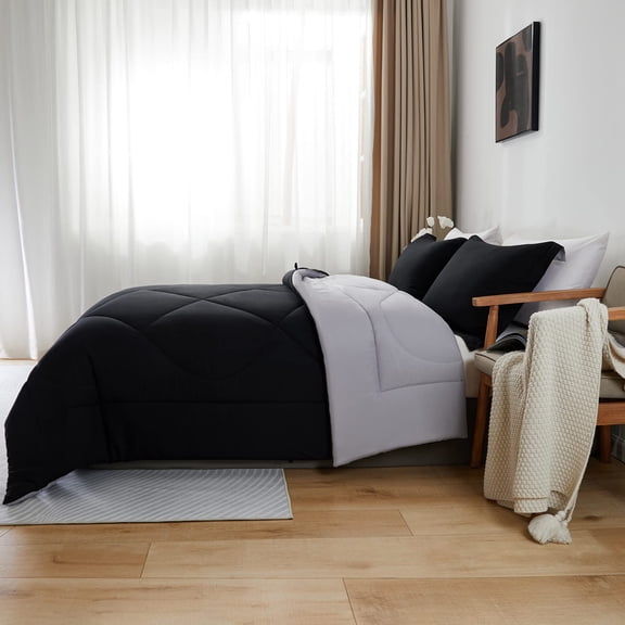 Kanak Bedding 3 Piece Down Alternative Comforter Set Cal Queen Size, All Season Reversible Bed Comforter Set with 2 Pillow Shams (Black/Light Grey)