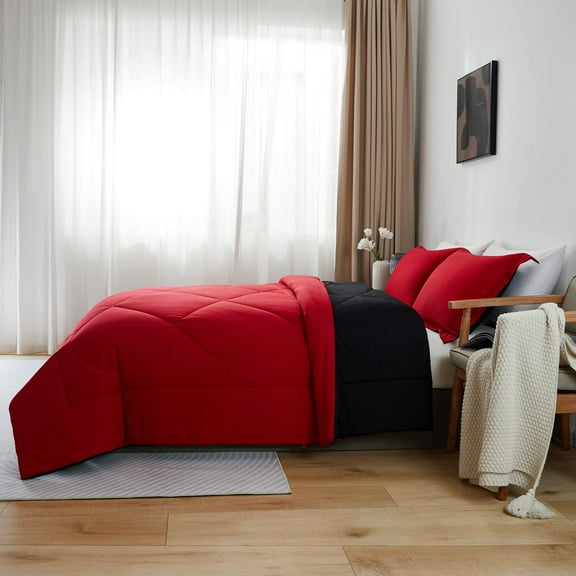 Kanak Bedding 3 Piece Down Alternative Comforter Set Full Size, All Season Reversible Bed Comforter Set with 2 Pillow Shams (Red/Black)