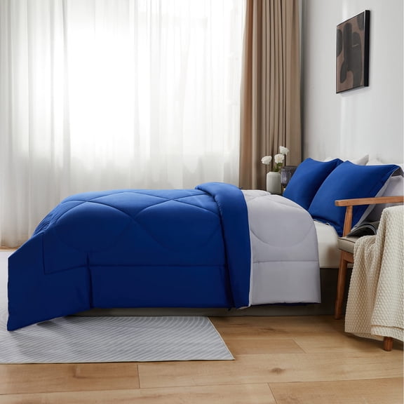 Kanak Bedding 3 Piece Down Alternative Comforter Set Full Size, All Season Reversible Bed Comforter Set with 2 Pillow Shams (Royal Blue/Light Grey)