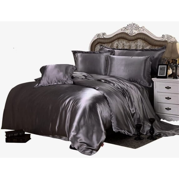 Kanak Bedding 7 Piece All Season - Satin Comforter Set (Comforter + Flat Sheet + Fitted Sheet 19'' + 4 Pillowcases) 600 GSM Comforter Sheet Set Wrinkle Fade Free for All Seasons(Twin Size, Dark Gray)