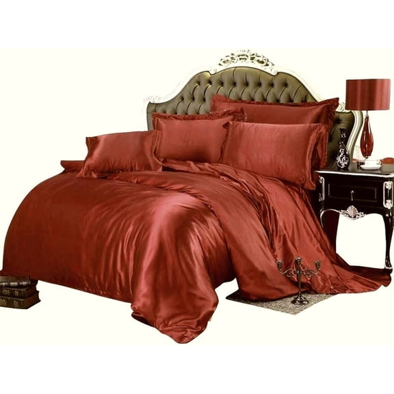 Kanak Bedding 7 Piece All Season - Satin Comforter Set (Comforter + Flat Sheet + Fitted Sheet 19'' + 4 Pillowcases) 600 GSM Comforter Sheet Set Wrinkle Fade Free for All Seasons(Full Size,Rust)