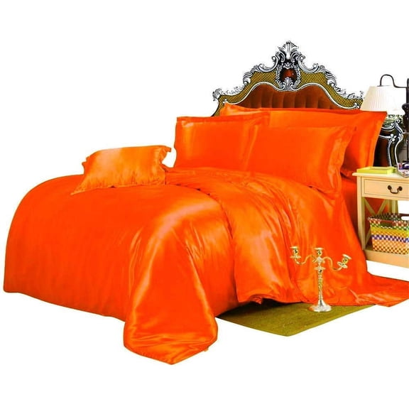 Kanak Bedding 7 Piece All Season - Satin Comforter Set (Comforter + Flat Sheet + Fitted Sheet 19'' + 4 Pillowcases) 600 GSM Comforter Sheet Set Wrinkle Fade Free for All Seasons(Full XL Size,Orange)