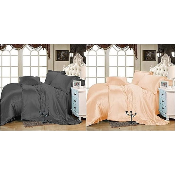 Kanak Bedding All Season 7Pc 100% Silk Satin Sheet Set Hotel Luxury Bed Sheets Cooling Sheets Set (Dark Grey & Peach,Full XL Size, Set of 2)