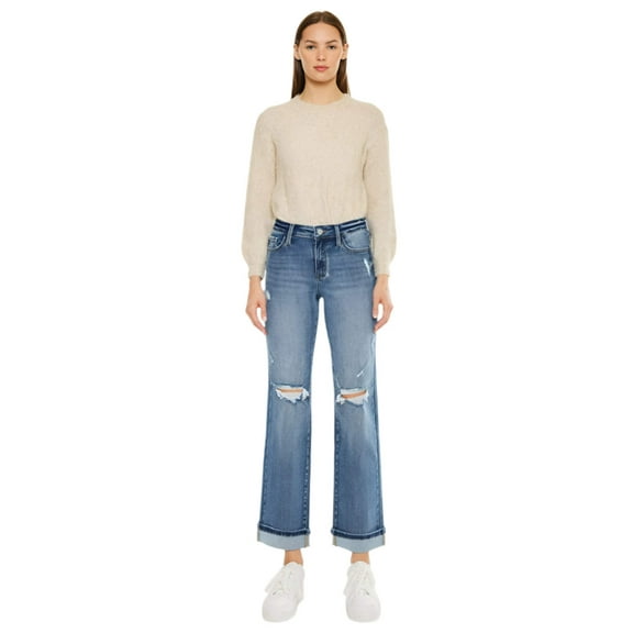 Kancan - Carrie Mid-Rise True Straight Leg Jeans with Distressed Knee and Cuffed Hem (29" Inseam) - Essential, KC20064M