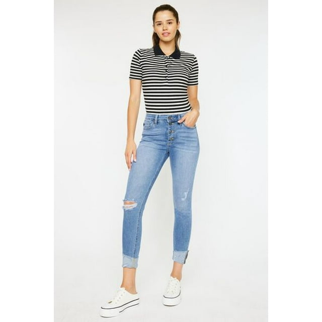 Kancan Distressed Cat's Whiskers Button Fly Jeans - Walmart.com