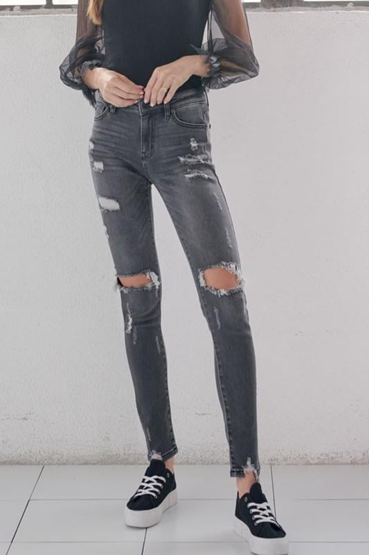 Kancan Mid Rise Distressed Jeans with Pockets 