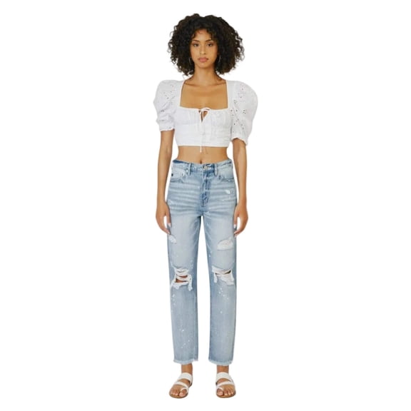Kancan - Oceane High-Rise Slim Straight Jeans with Paint Splatter and Frayed Hem (28" Inseam) - KC8708M ST