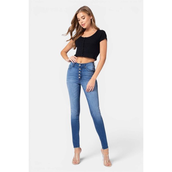 Kancan - Women's High Rise Button Fly Distressed Super Skinny Jeans - kc7113 ST