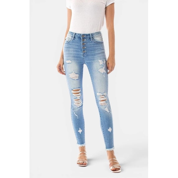 Kancan - Women's High Rise Button Fly Distressed Super Skinny Jeans - kc7310 with kc6192 ST