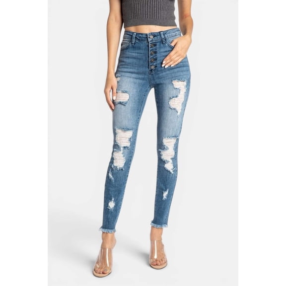 Kancan - Women's High Rise Button Fly Distressed Super Skinny Jeans - kc7310