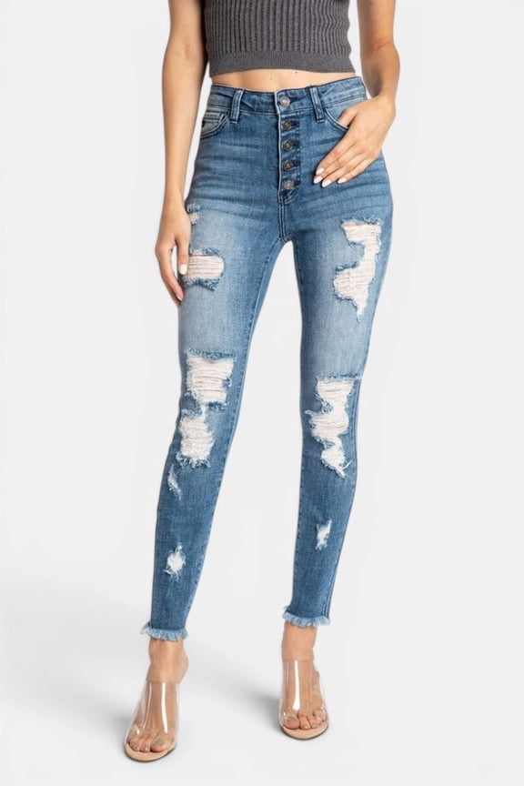 - Women's High Rise Button Fly Distressed Super Skinny Jeans - kc7310