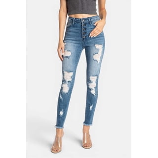 Kancan - Women's High Rise Button Fly Distressed Super Skinny Jeans - kc7310