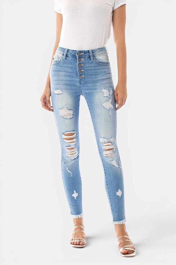 - Women's High Rise Button Fly Distressed Super Skinny Jeans - kc7310 with kc6192 ST