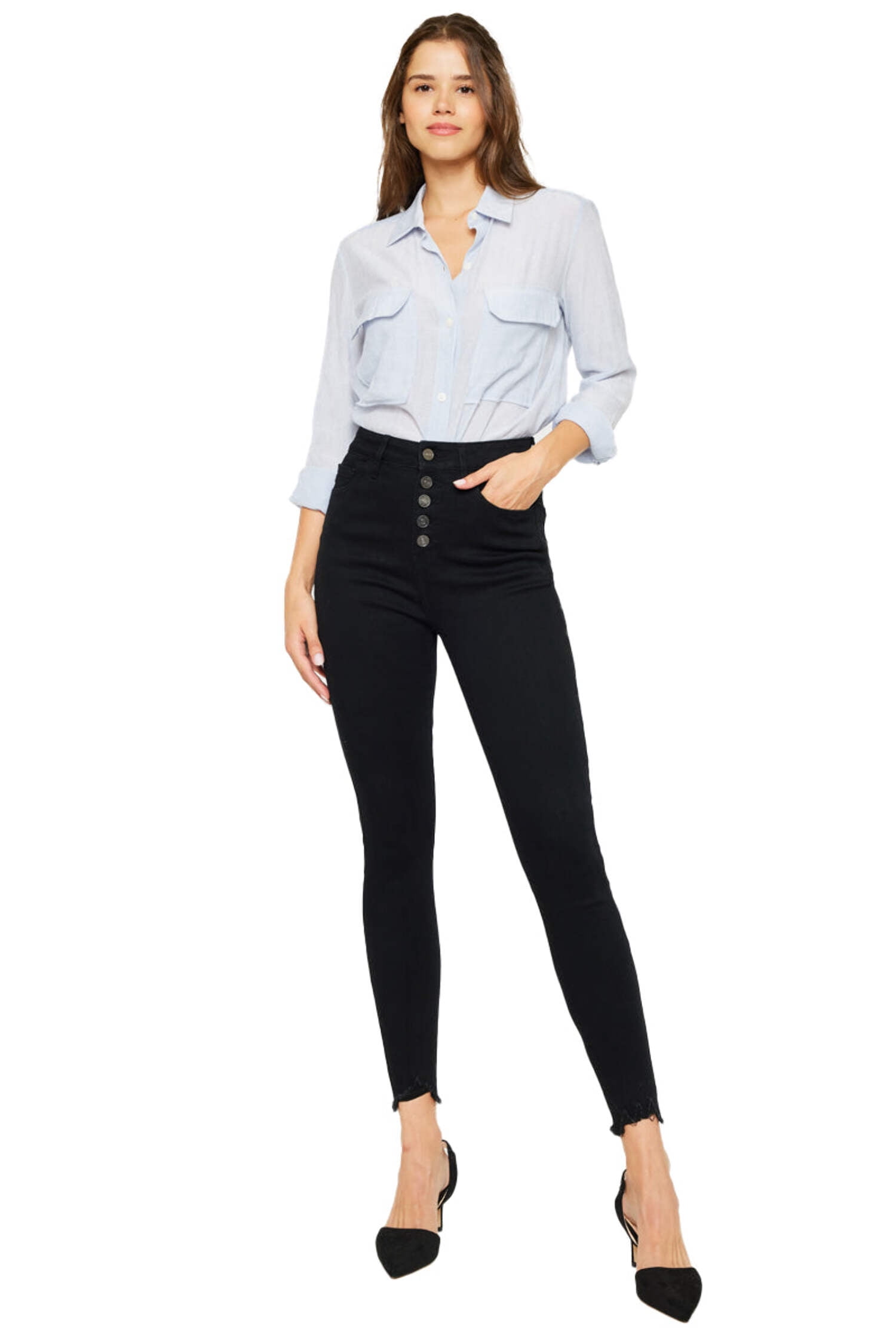 Kan Can Women's High Rise Button Fly Skinny Jeans – KC8577, 98% Cotton & 2% Spandex