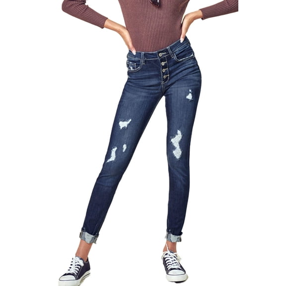 Kancan - Women's Stretchy Five Pocket Distressed High Waist Jeans - ST