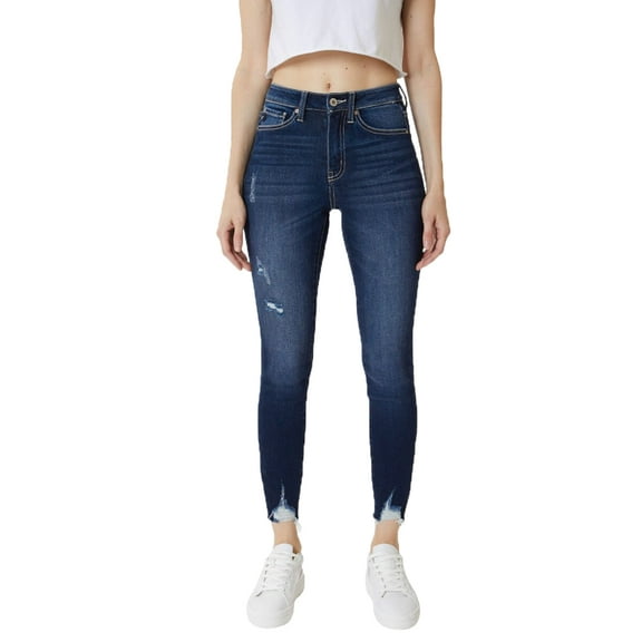 Kancan Womens Aiya High Rise Ankle Skinny Denim Jeans (Distressed Blue, 11/29)