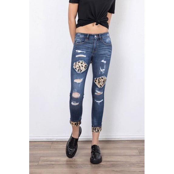 Kancan Womens Vienna Mid Rise Leopard Patch Super Skinny Jeans (9(28))