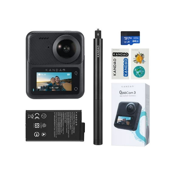 Kandao QooCam 3 360 Action Camera, 5.7K 62MP 360 Sports Camera, Dual 1/1.55" Sensors Larger Aperture Camera, 60fps Flawless Video Camera, Outdoor Stabilization Waterproof Night Shot, Travel Combo
