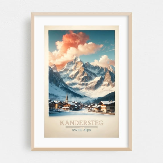 Kandersteg Vintage Travel Poster - Swiss Alps Art - Kandersteg Canton of Bern Switzerland Illustration Travel Poster Mountain Landscape Vintage Poster Winter Oak Framed Wall Art Print 5 x 7 inches